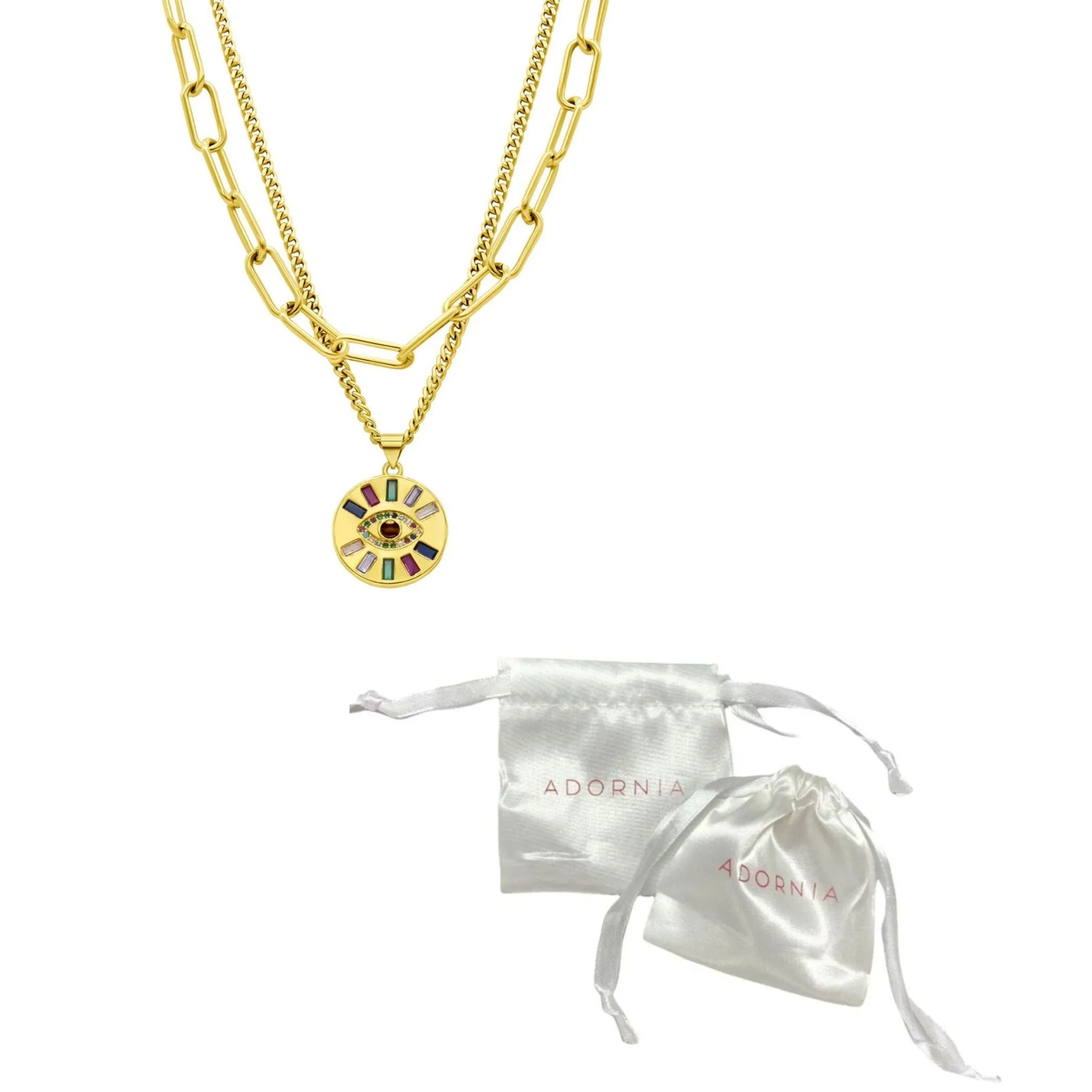 14K Gold Plated Adjustable Evil Eye Multi Color Layered Double Necklace