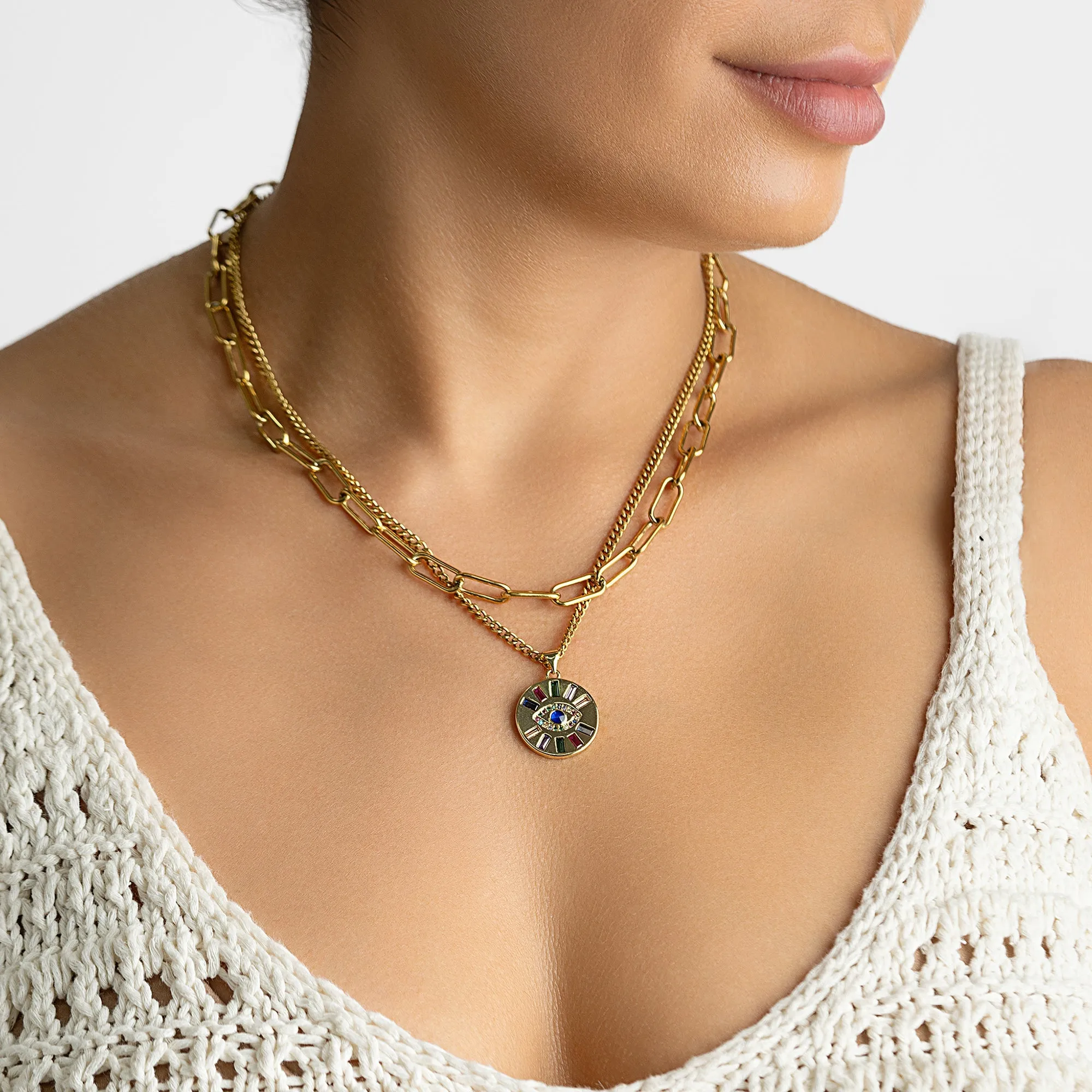 14K Gold Plated Adjustable Evil Eye Multi Color Layered Double Necklace