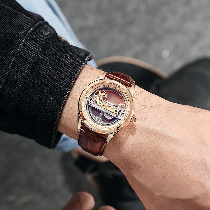 Fashion Transparent Single Bridge Men Tourbillon Automatic Mechanical Wristwatches