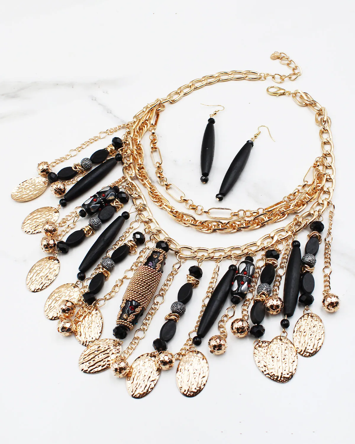 Gold & Wood Multiple Layered Necklace Set