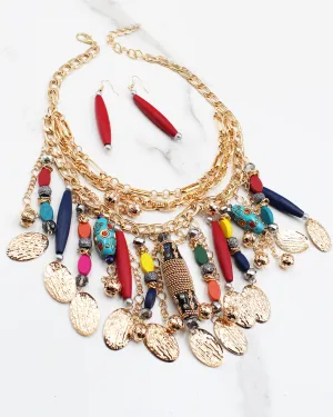Gold & Wood Multiple Layered Necklace Set