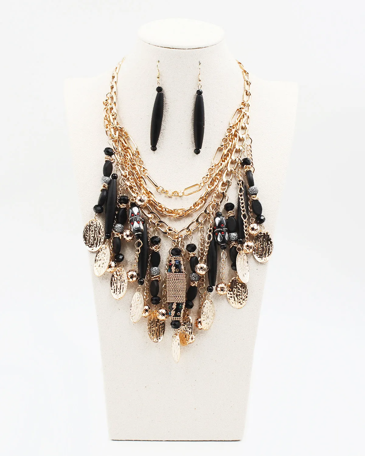 Gold & Wood Multiple Layered Necklace Set