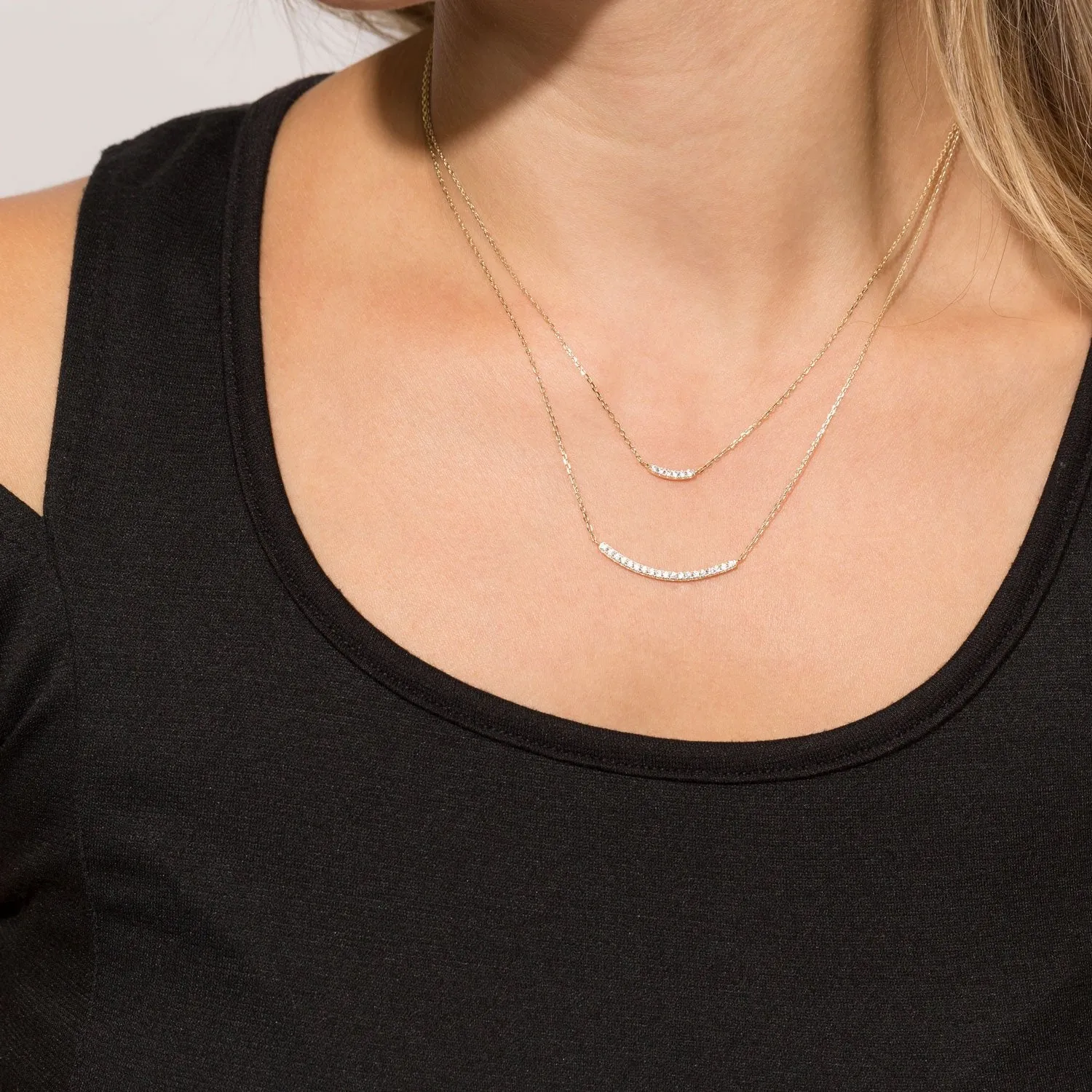 Gold Plated Double Strand Curved CZ Bar Necklace
