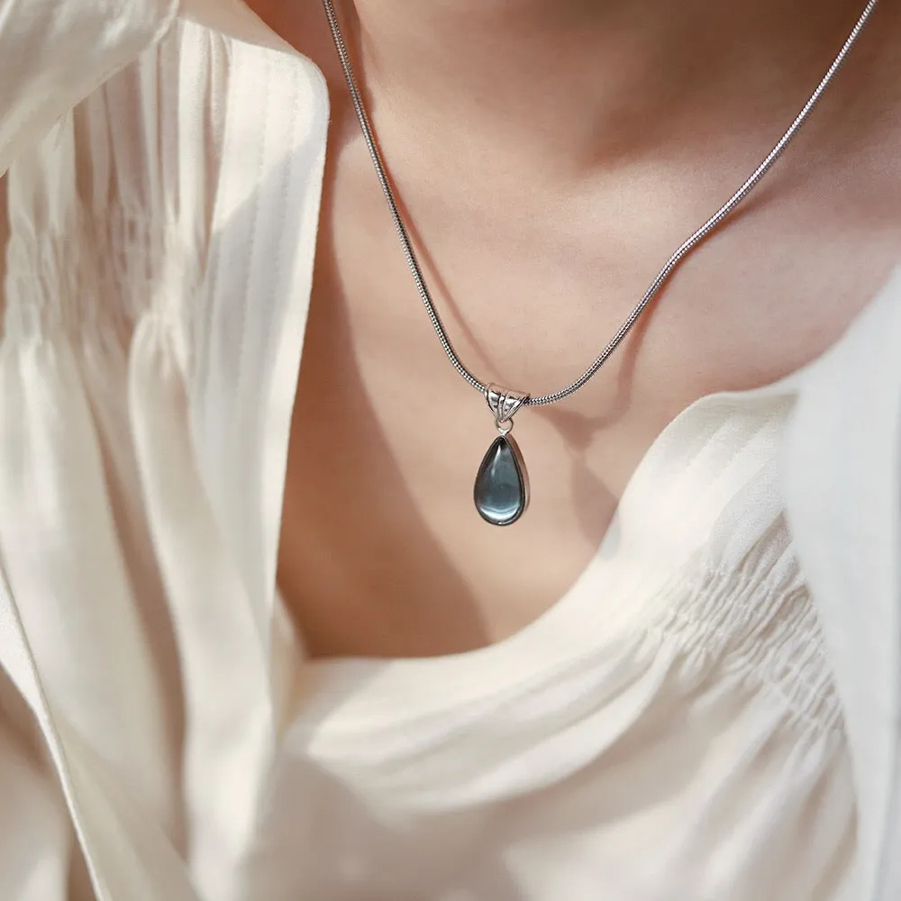 Gold-Plated Teardrop Pendant Necklace with Blue Synthetic Cat Eye Stone