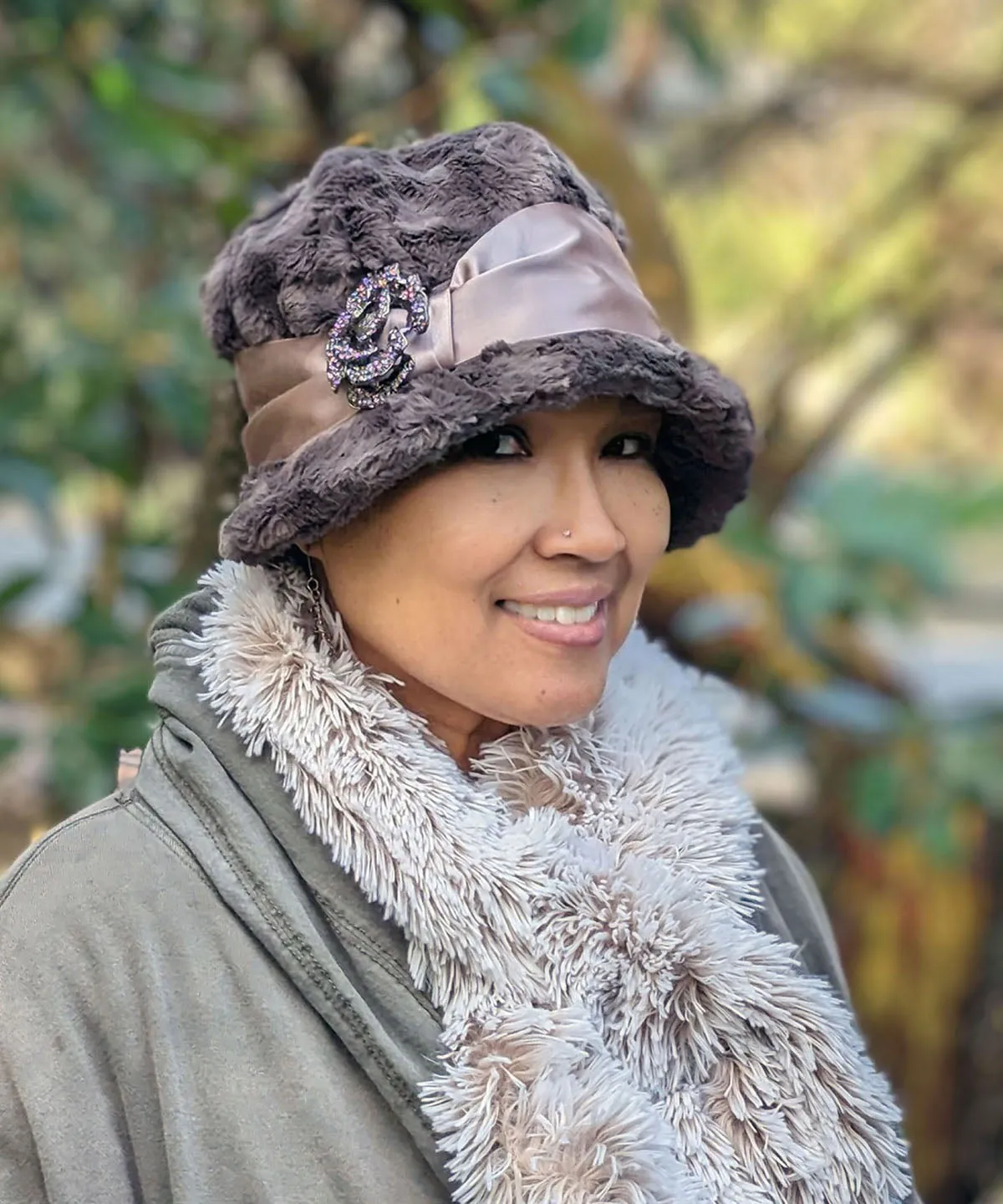 Grace Cloche Style Hat - Cuddly Faux Fur in Gray Only (One Medium left-Satin Band SA21-04CHM - Champagne Sash)
