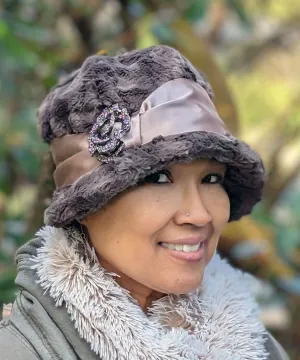 Grace Cloche Style Hat - Cuddly Faux Fur in Gray Only (One Medium left-Satin Band SA21-04CHM - Champagne Sash)