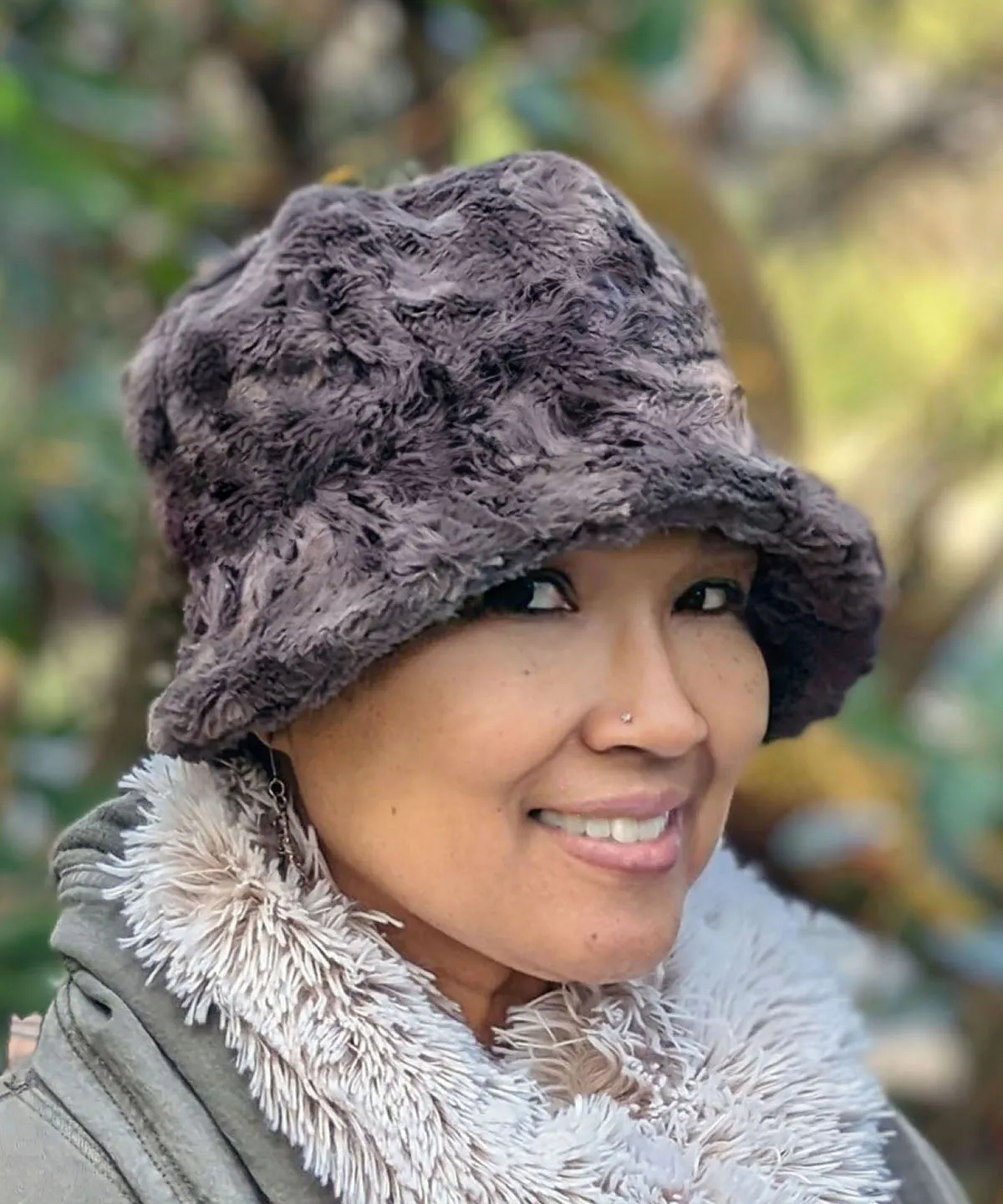 Grace Cloche Style Hat - Cuddly Faux Fur in Gray Only (One Medium left-Satin Band SA21-04CHM - Champagne Sash)