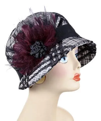 Grace Cloche Style Hat - Silver Plaid Upholstery (One Burgundy Feather Brooch Left!)