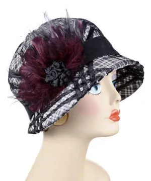 Grace Cloche Style Hat - Silver Plaid Upholstery (One Burgundy Feather Brooch Left!)