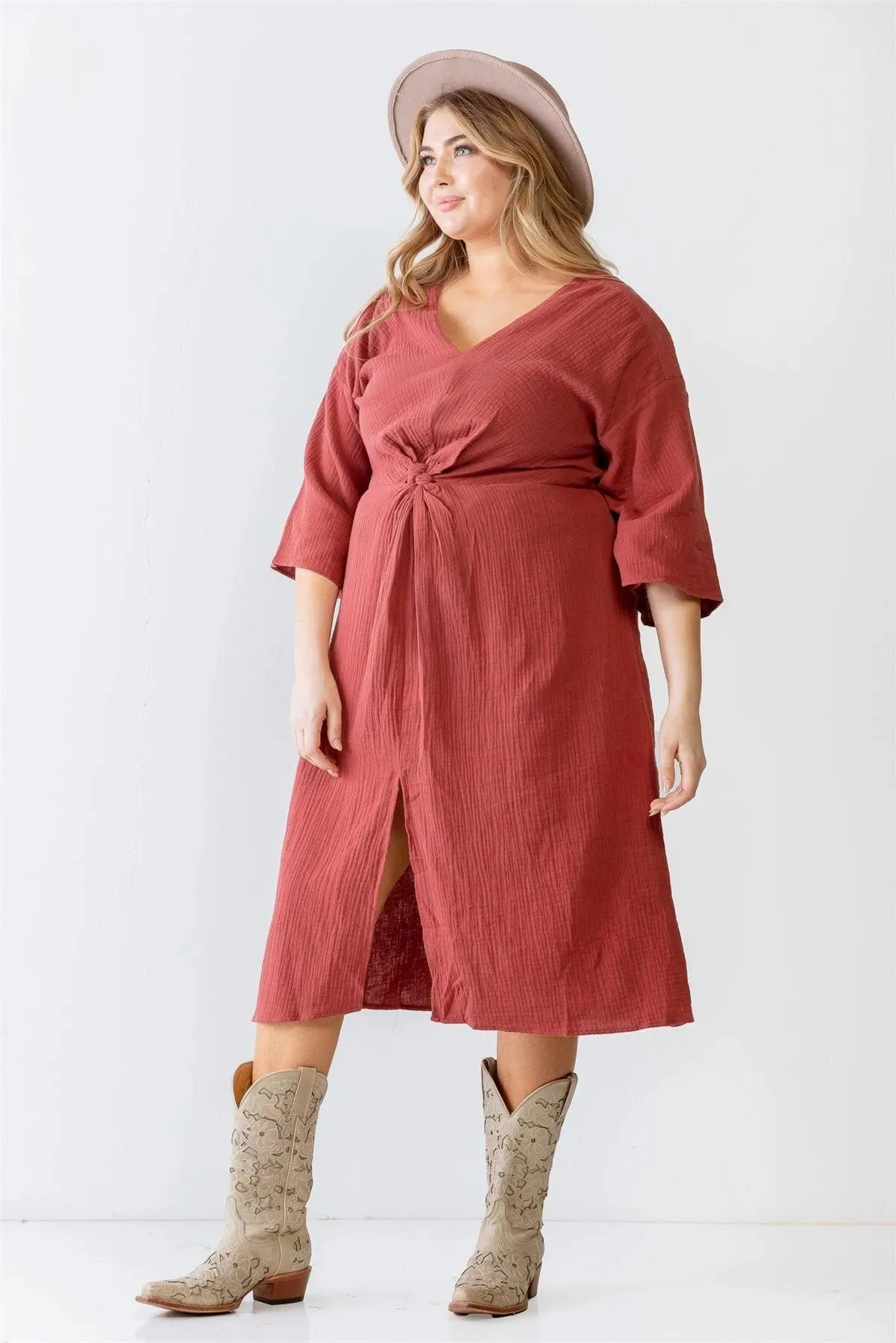 Junior Plus Brick Textured Cotton Material Wrap Detail Midi Dress /3-3