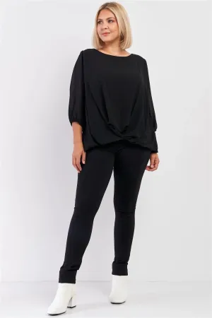 Junior Plus Solid Black Loose Fit Front Wrap Detail Elasticized Cuff Ballon Midi Sleeve Top /3-2-1