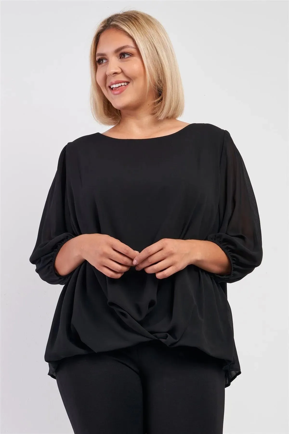 Junior Plus Solid Black Loose Fit Front Wrap Detail Elasticized Cuff Ballon Midi Sleeve Top /3-2-1