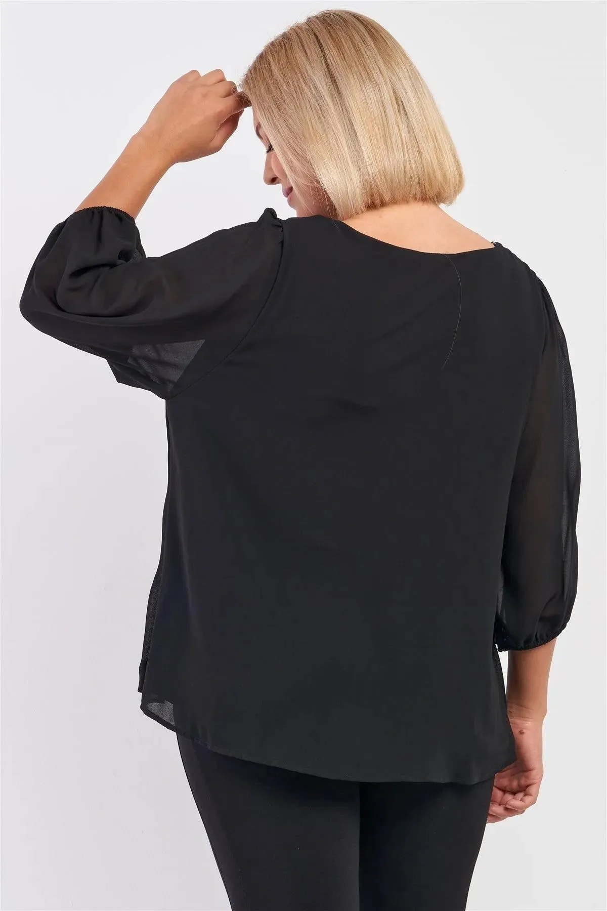 Junior Plus Solid Black Loose Fit Front Wrap Detail Elasticized Cuff Ballon Midi Sleeve Top /3-2-1