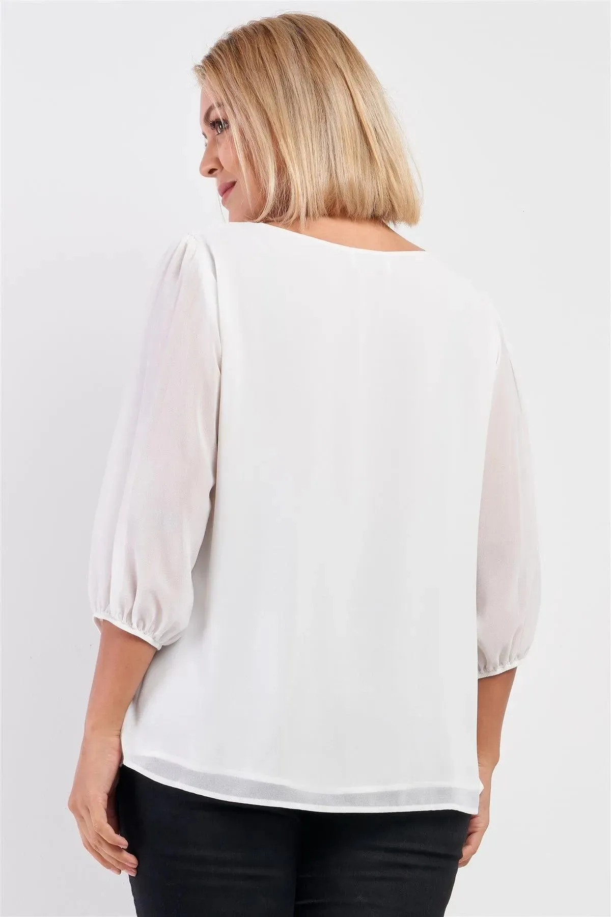 Junior Plus Solid White Loose Fit Front Wrap Detail Elasticized Cuff Ballon Midi Sleeve Top /2-2-1