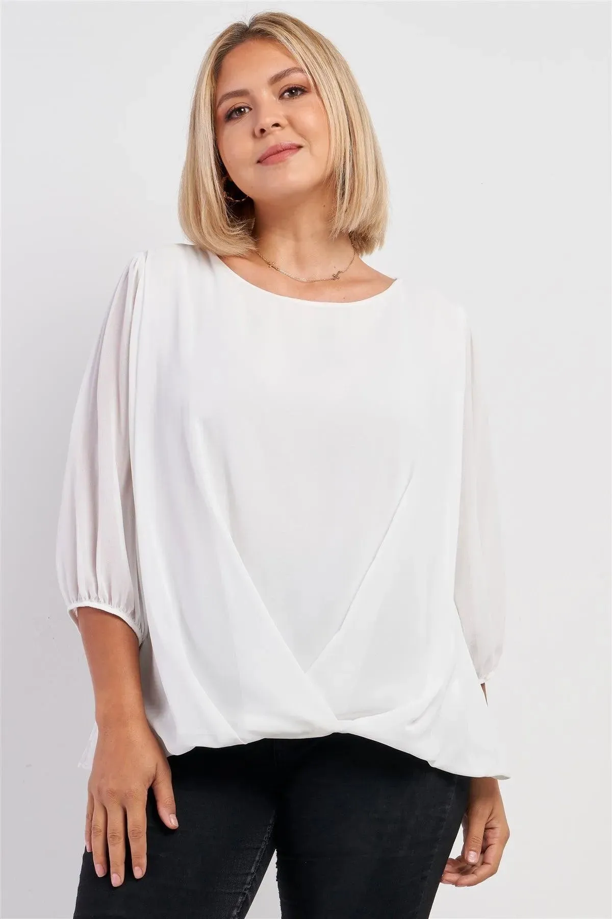 Junior Plus Solid White Loose Fit Front Wrap Detail Elasticized Cuff Ballon Midi Sleeve Top /2-2-1