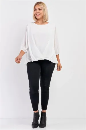 Junior Plus Solid White Loose Fit Front Wrap Detail Elasticized Cuff Ballon Midi Sleeve Top /2-2-1