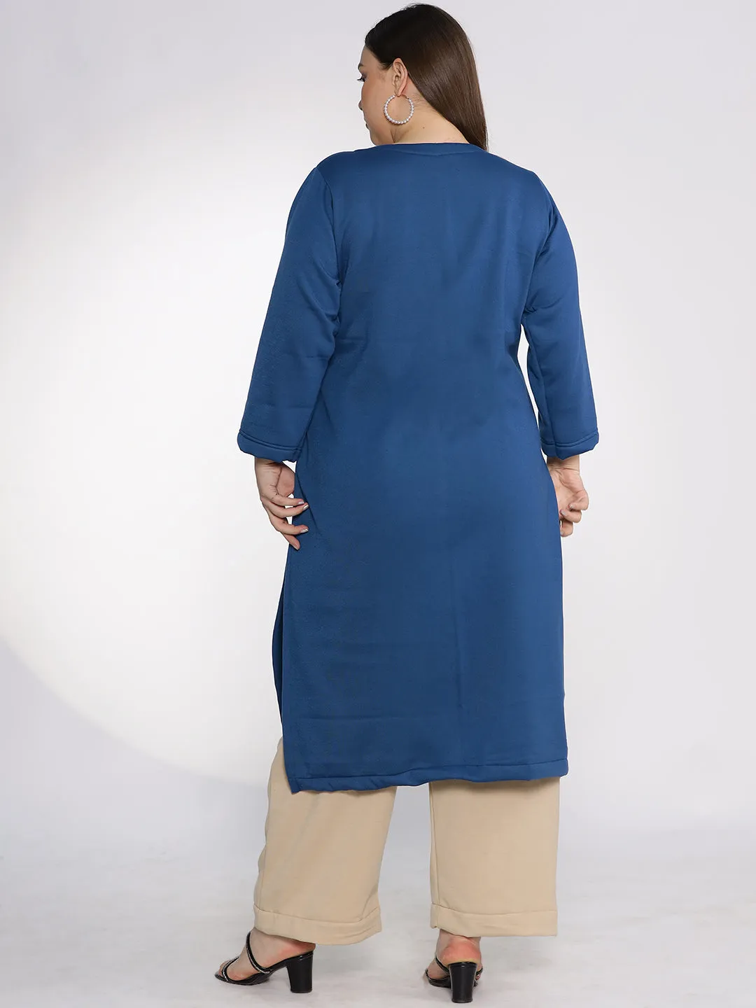 MarineBlue Fleece LongKurta - Solid