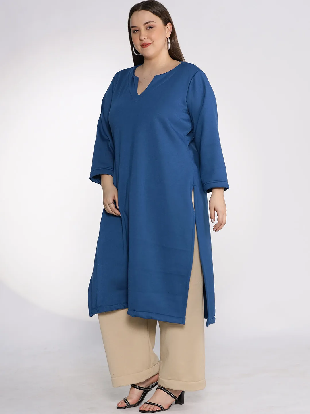 MarineBlue Fleece LongKurta - Solid