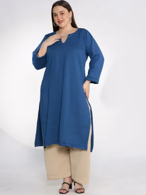 MarineBlue Fleece LongKurta - Solid