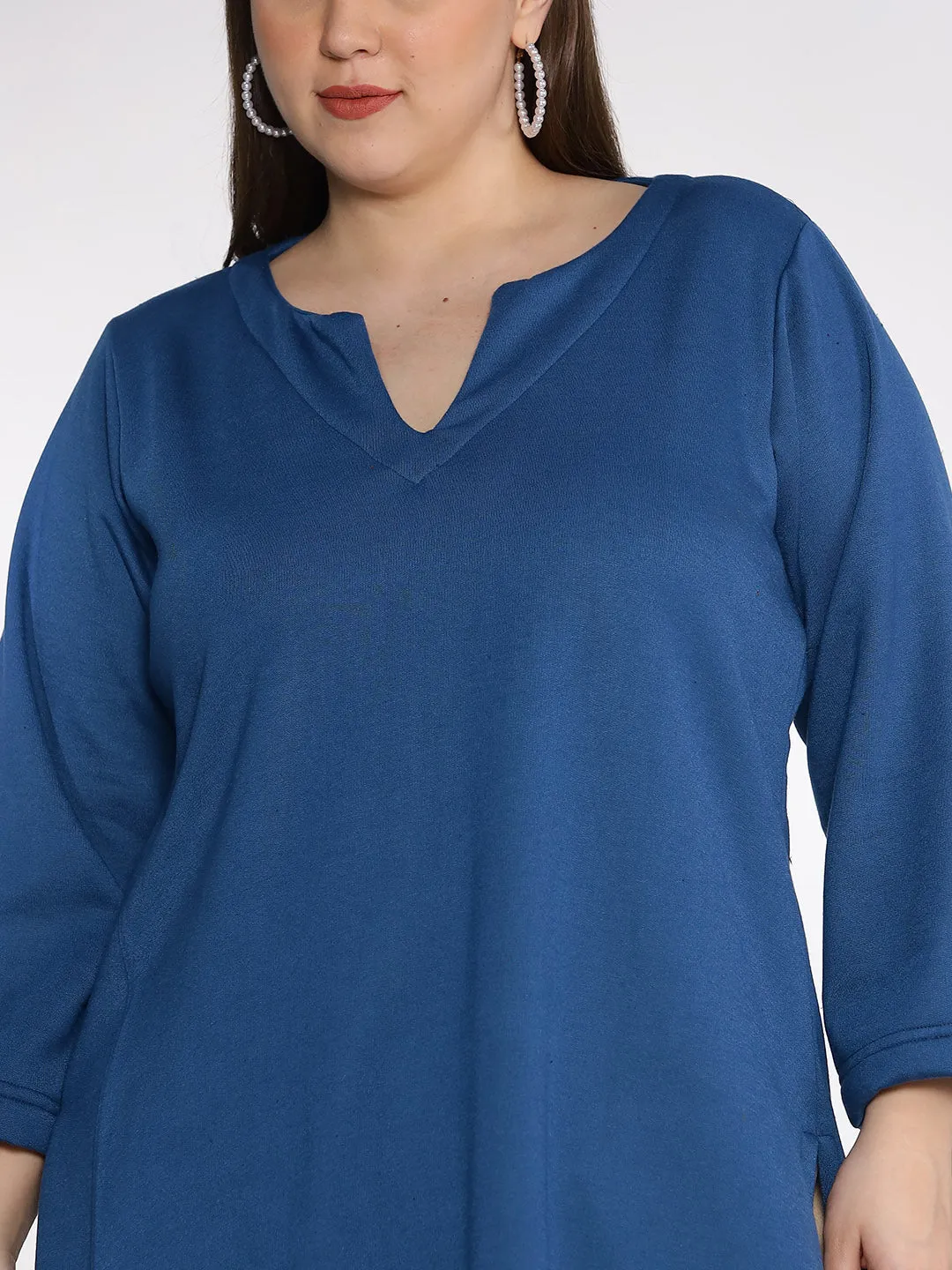 MarineBlue Fleece LongKurta - Solid