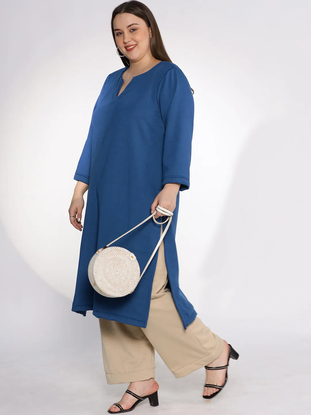 MarineBlue Fleece LongKurta - Solid