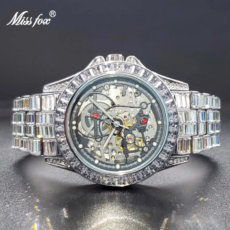 Mechanical Watches Gold Luxury Ice Baguette Wristwatch Skeleton Movement Waterproof Tourbillon Watch For Man