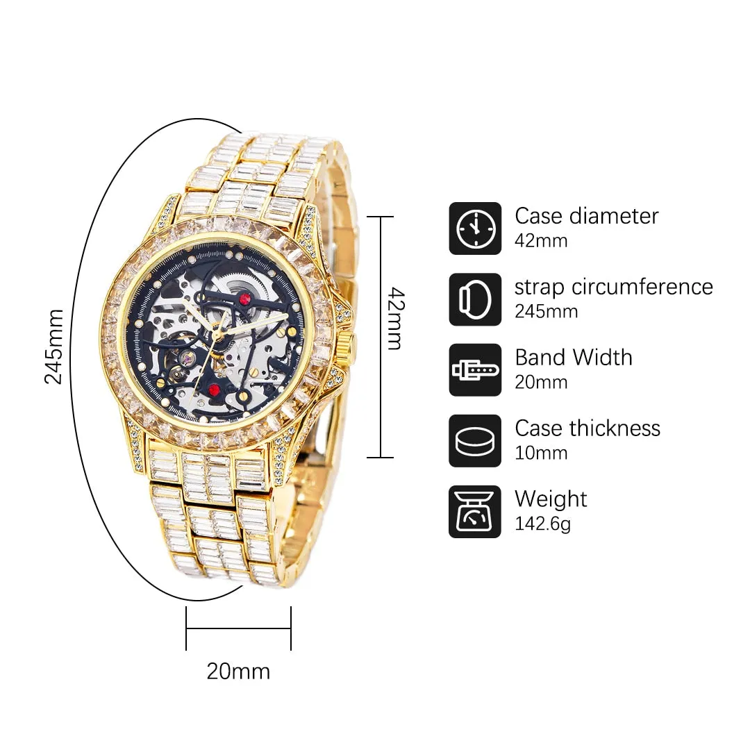 Mechanical Watches Gold Luxury Ice Baguette Wristwatch Skeleton Movement Waterproof Tourbillon Watch For Man