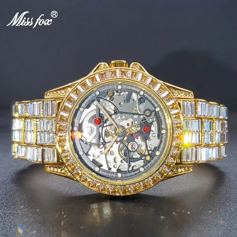Mechanical Watches Gold Luxury Ice Baguette Wristwatch Skeleton Movement Waterproof Tourbillon Watch For Man