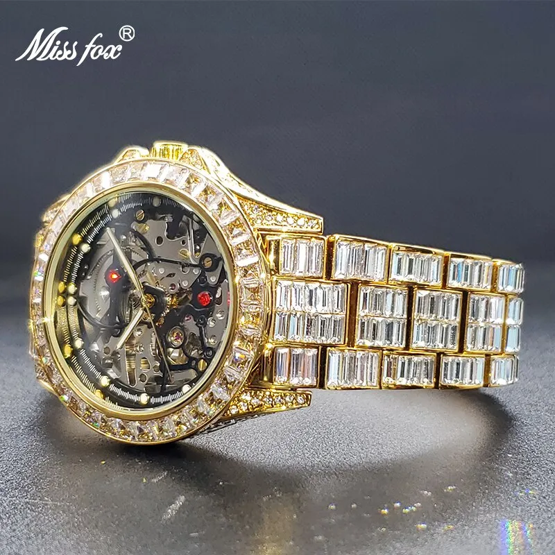 Mechanical Watches Gold Luxury Ice Baguette Wristwatch Skeleton Movement Waterproof Tourbillon Watch For Man