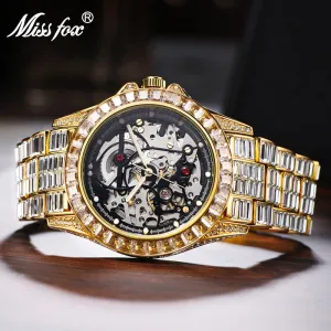 Mechanical Watches Gold Luxury Ice Baguette Wristwatch Skeleton Movement Waterproof Tourbillon Watch For Man
