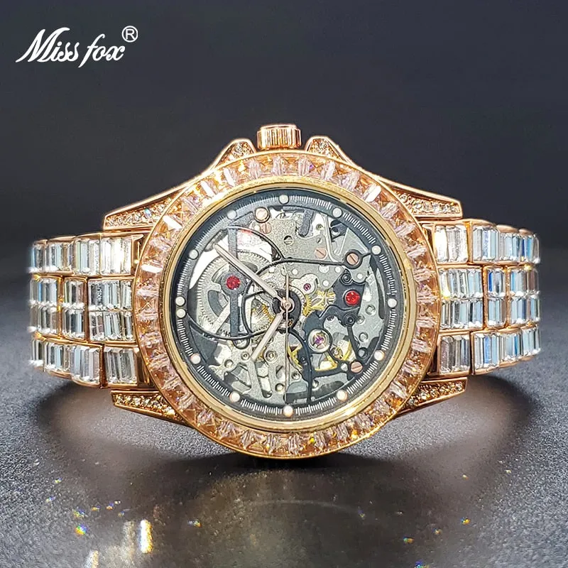 Mechanical Watches Gold Luxury Ice Baguette Wristwatch Skeleton Movement Waterproof Tourbillon Watch For Man