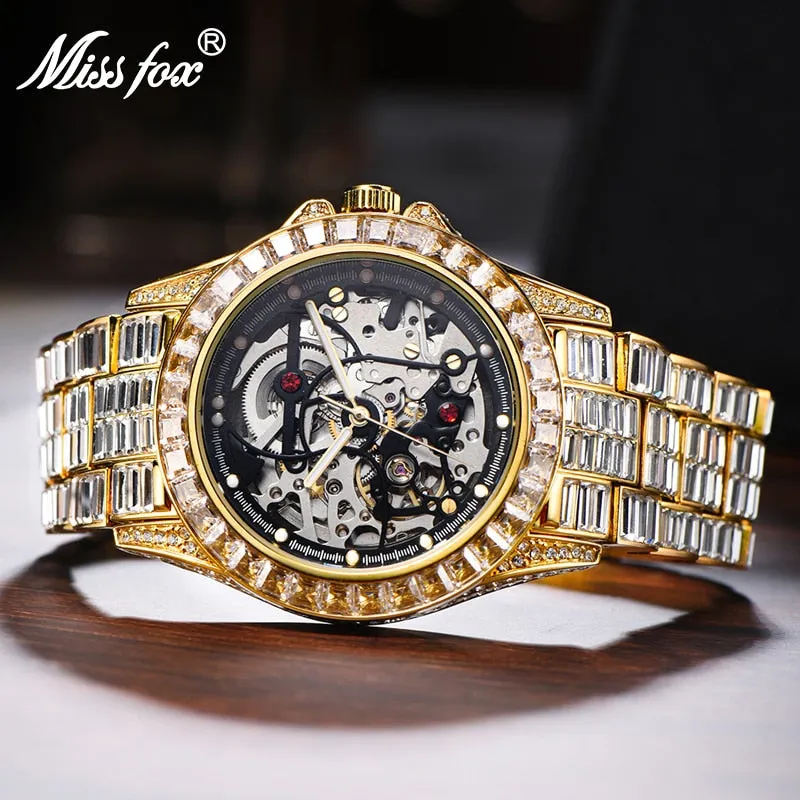 Mechanical Watches Gold Luxury Ice Baguette Wristwatch Skeleton Movement Waterproof Tourbillon Watch For Man