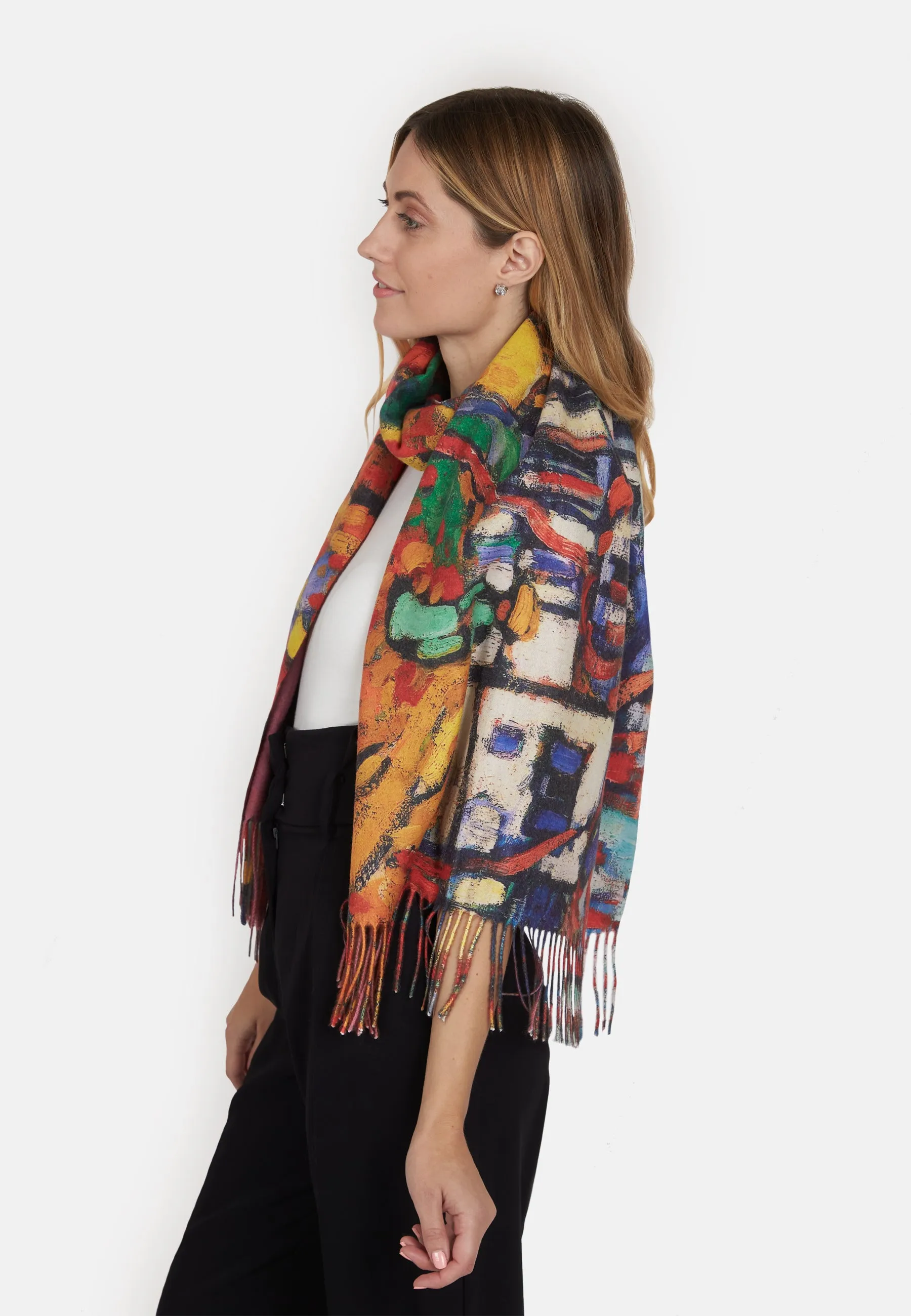 Multicoloured Village Print Super Soft Wool Fringed Scarf