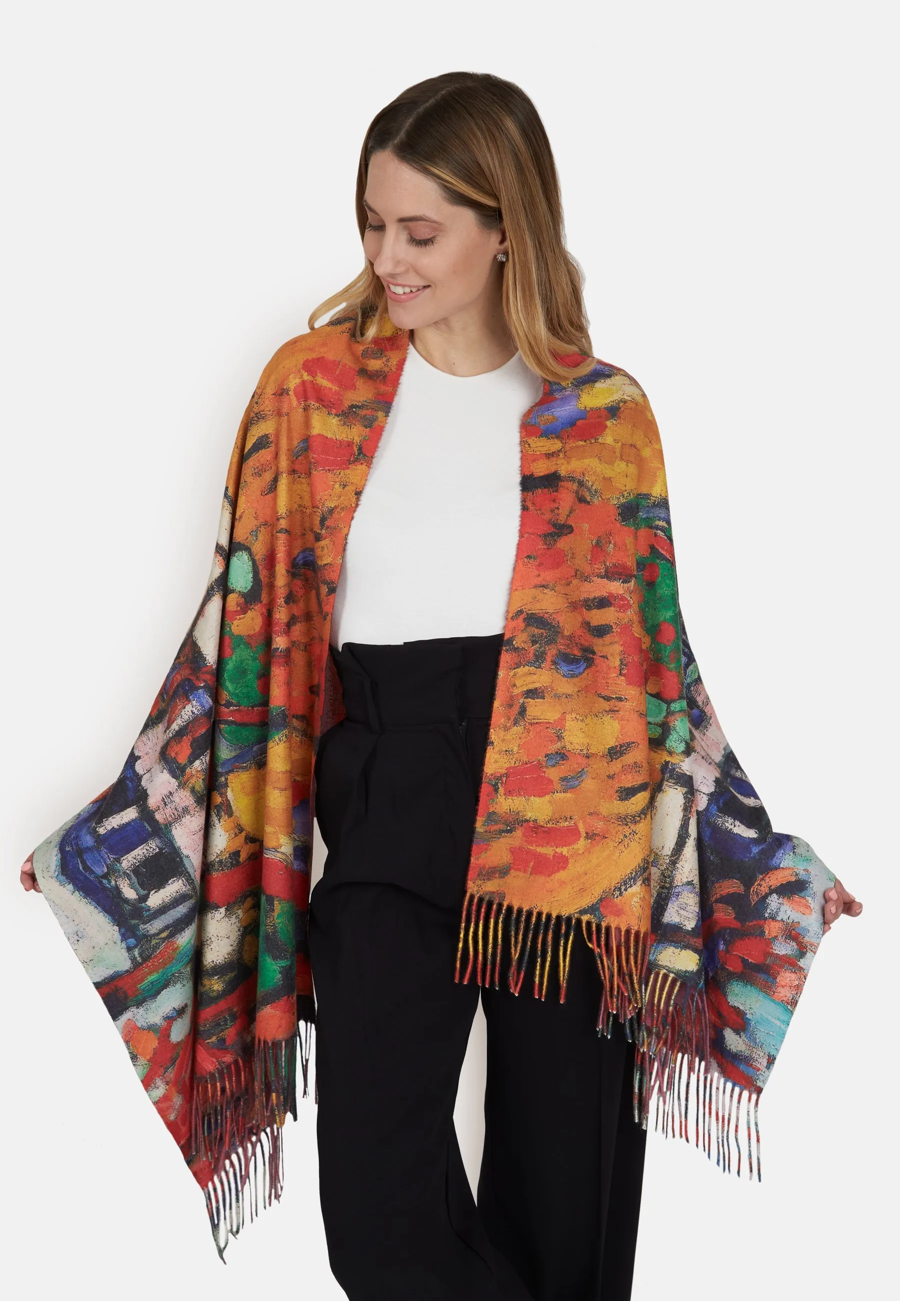 Multicoloured Village Print Super Soft Wool Fringed Scarf
