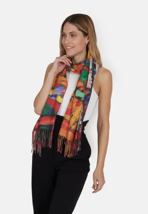 Multicoloured Village Print Super Soft Wool Fringed Scarf