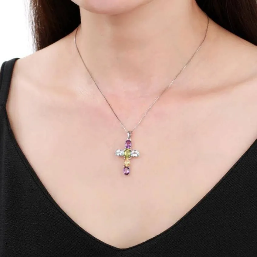 Natural Amethyst with Topaz Gemstone Cross Necklace