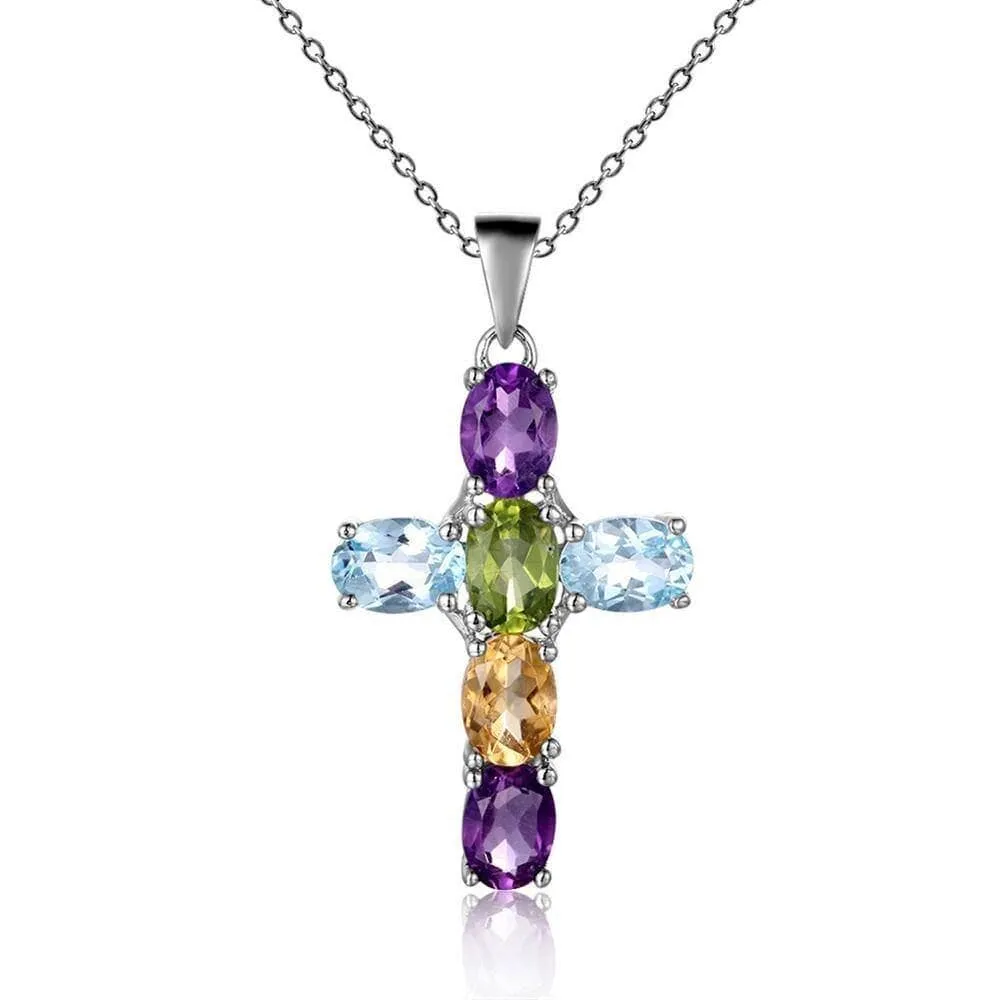 Natural Amethyst with Topaz Gemstone Cross Necklace