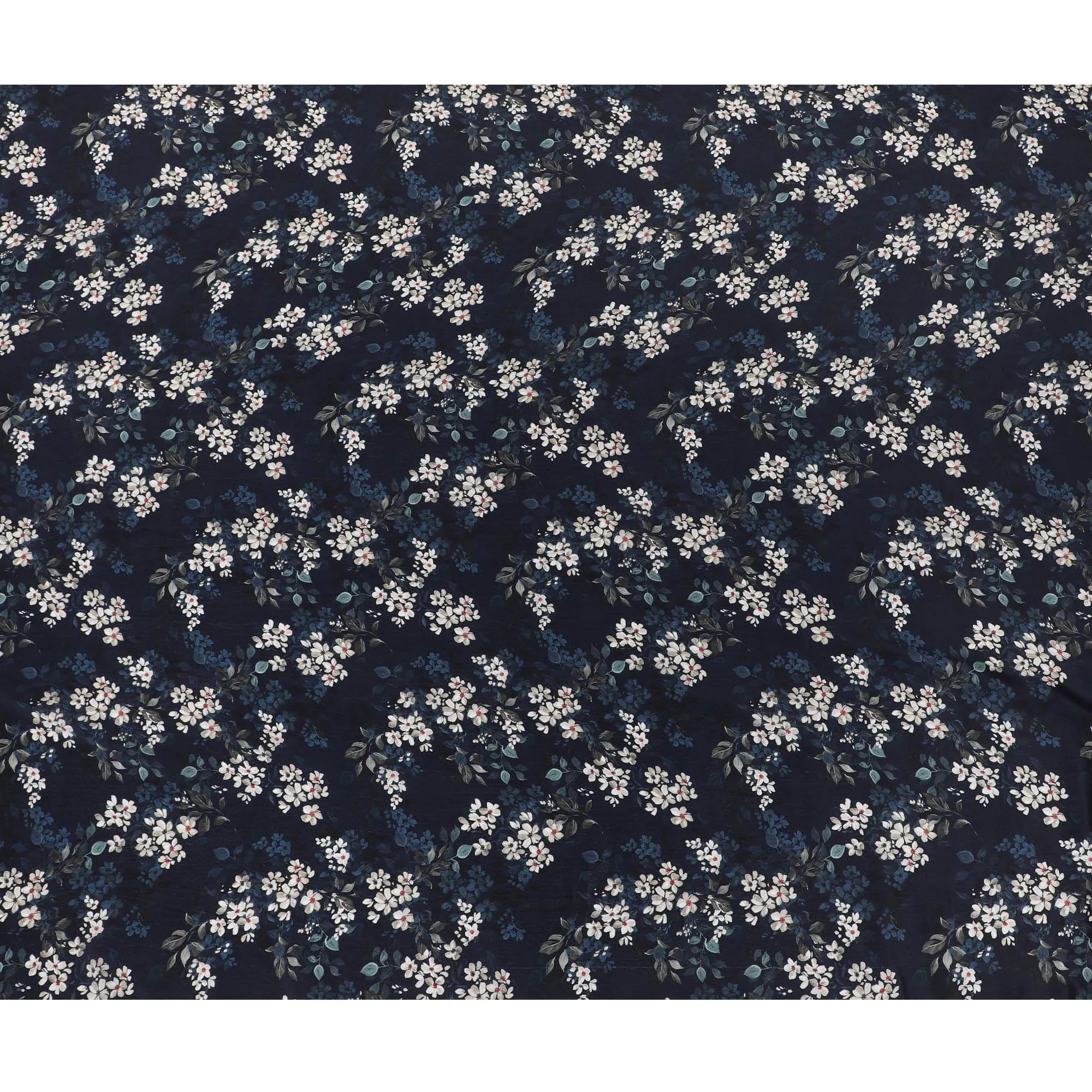 Navy blue synthetic crepe fabric with white, light green and red digital prints in floral design-D15769