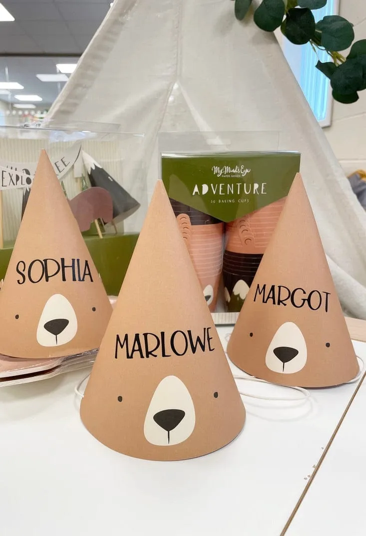 Personalised Adventure Bear Party Hats x 8