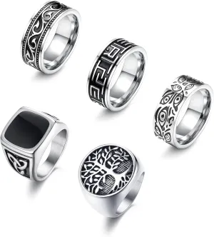 Sanfenly 5Pcs Stainless Steel Rings for Men Greek Signet Thumb Silver Retro Carving Celtic Band Rings Vintage Biker Band Rings Set