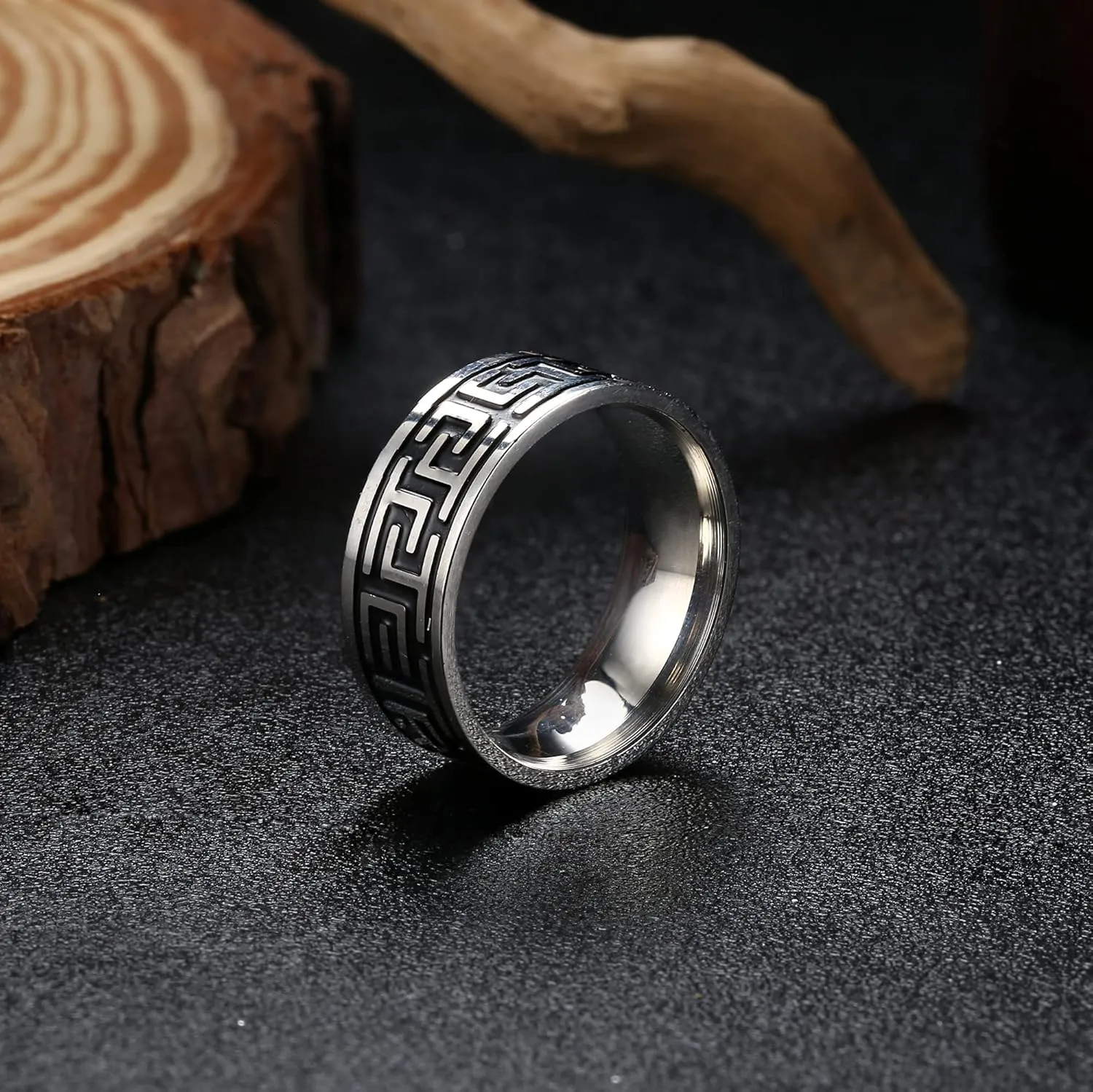 Sanfenly 5Pcs Stainless Steel Rings for Men Greek Signet Thumb Silver Retro Carving Celtic Band Rings Vintage Biker Band Rings Set