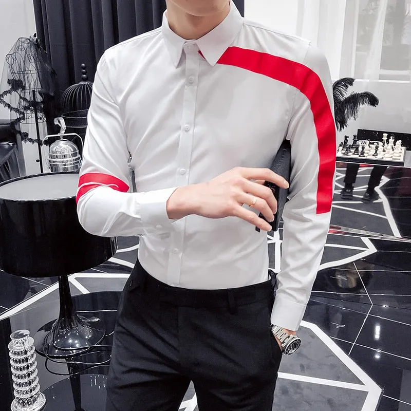 Simple Red Ribbon Patchwork Modern Style Men Shirts