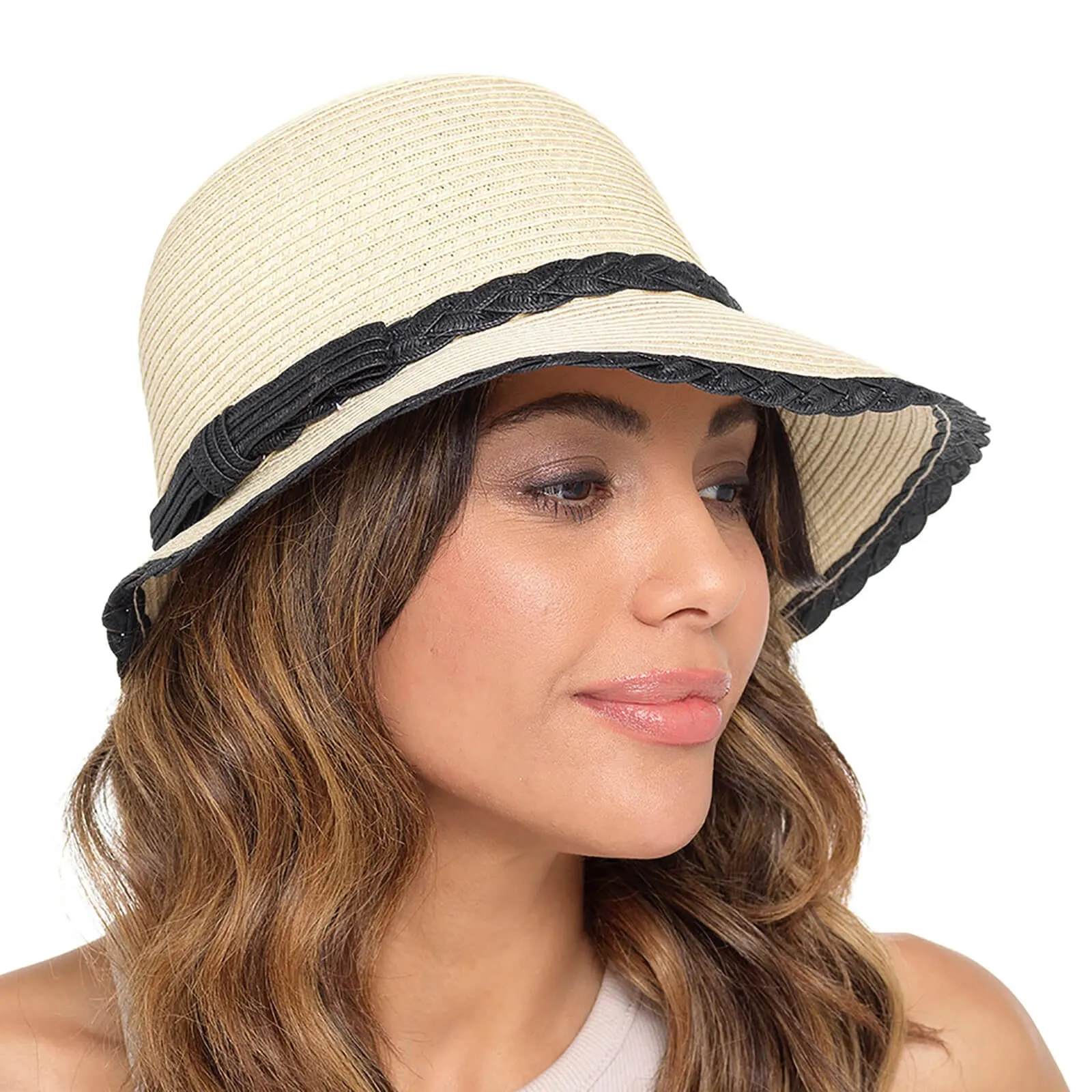 Womens Cloche Hat Braid Trim Bow Paper Straw Summer Beach